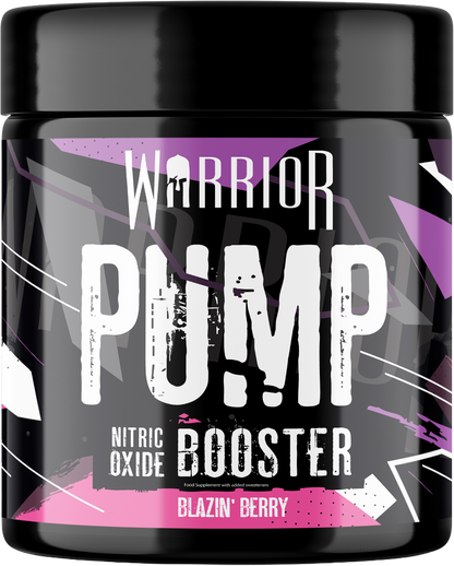 Warrior Pump Pre-Workout tub, Blazin' Berry flavour, Nitric Oxide Booster