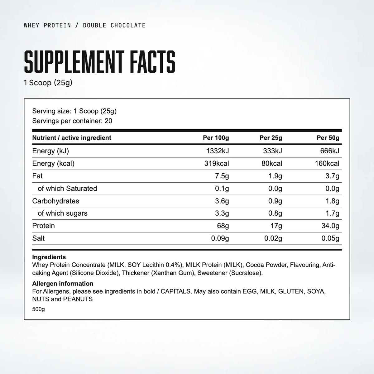 Warrior Whey Protein Powder – 500g, Double Chocolate: supplement facts