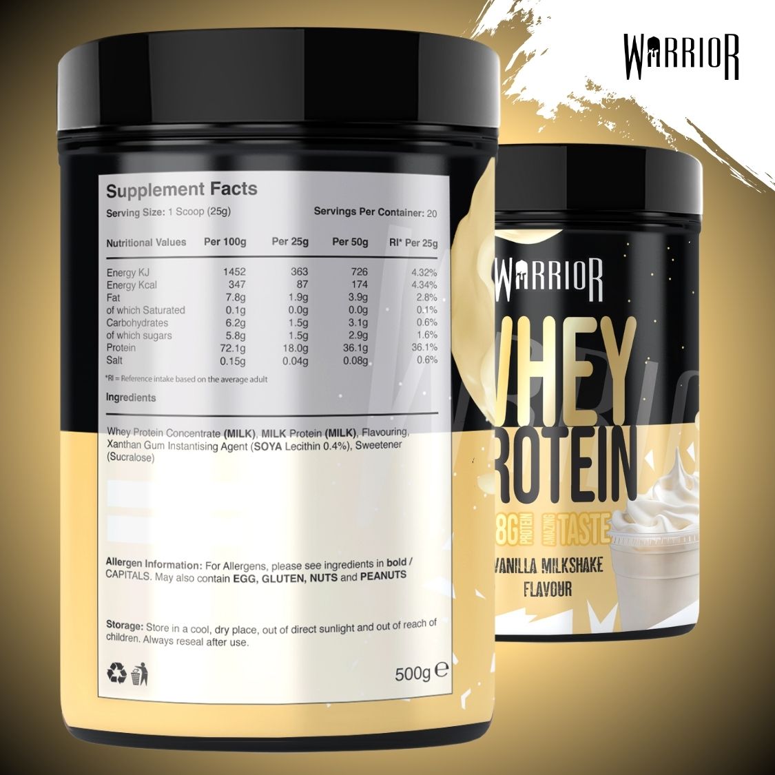 Warrior Whey Protein Powder – 500g | High Protein Shake for Muscle, Recovery & Lean Gains UK