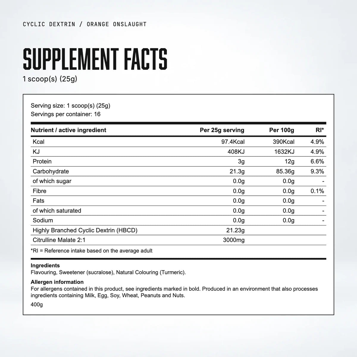 Warrior Cyclic Dextrin Powder, Orange Onslaught: supplement facts