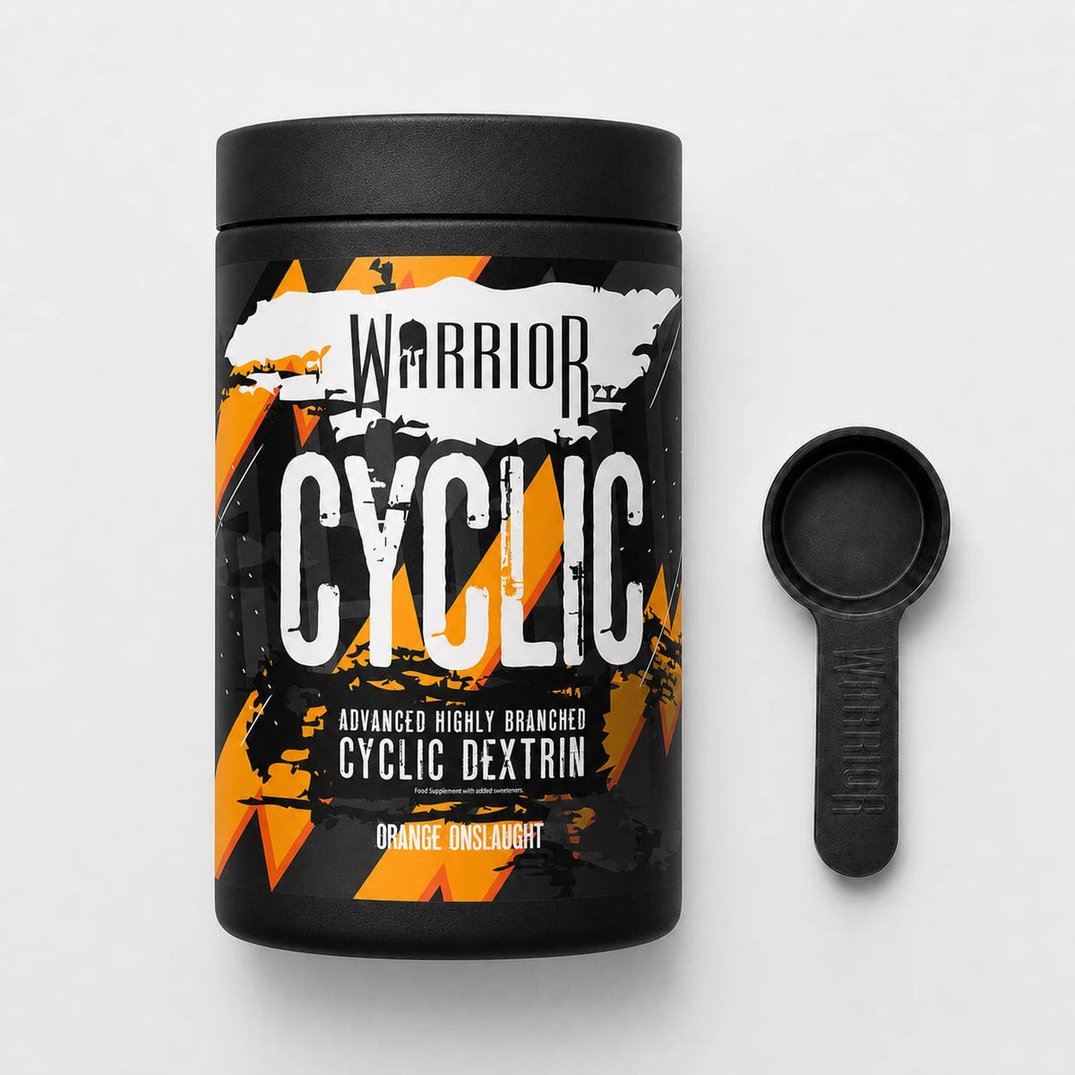 Warrior Cyclic Dextrin Powder 400g tub, Orange Onslaught flavour, with scoop