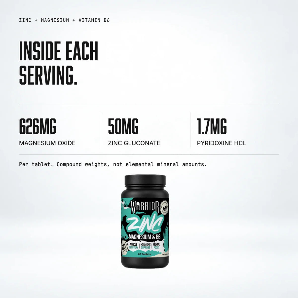 Warrior Zinc – Zinc, Magnesium & Vitamin B6 (60 Tablets): macro callout