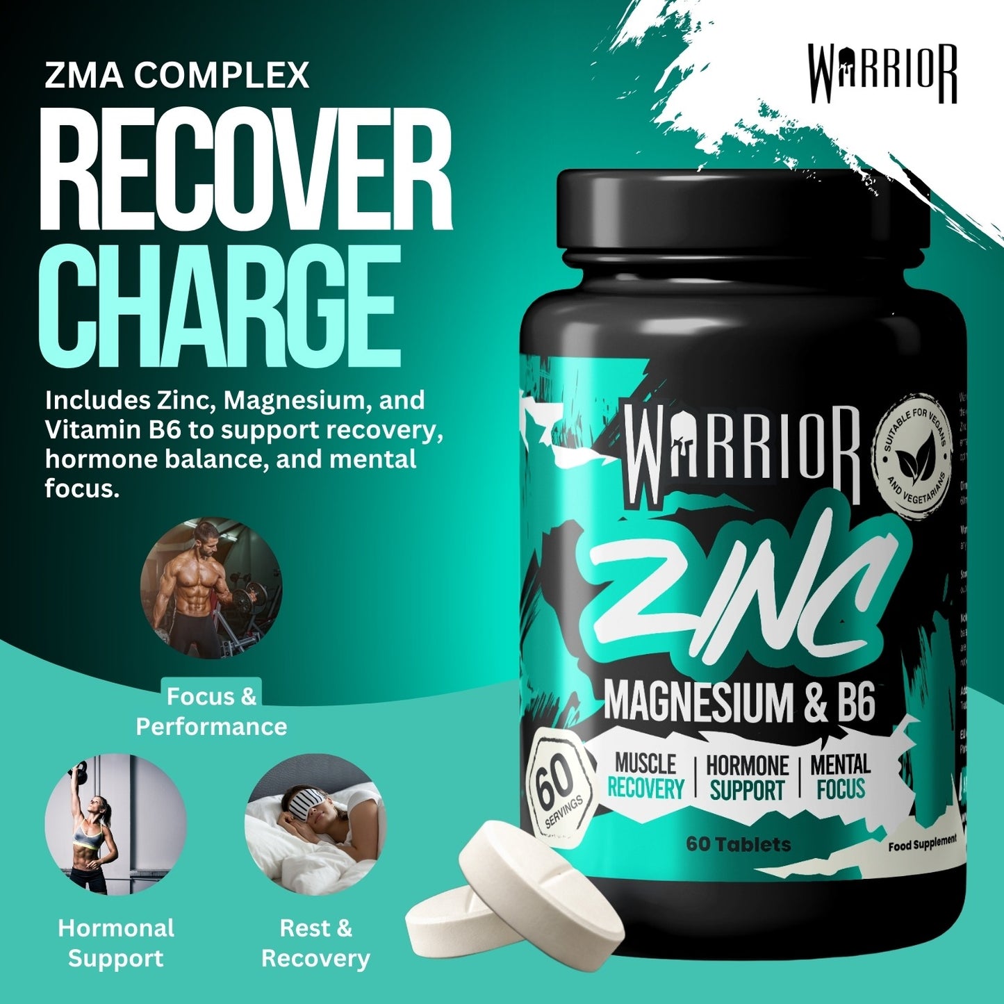 Warrior Zinc – Zinc, Magnesium & Vitamin B6 (60 Tablets) | Sleep, Recovery & Natural Hormone Support