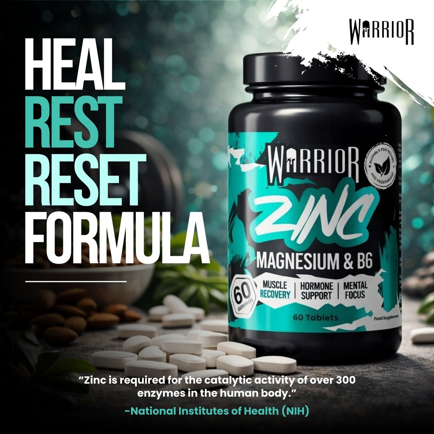 Warrior Zinc – Zinc, Magnesium & Vitamin B6 (60 Tablets) | Sleep, Recovery & Natural Hormone Support