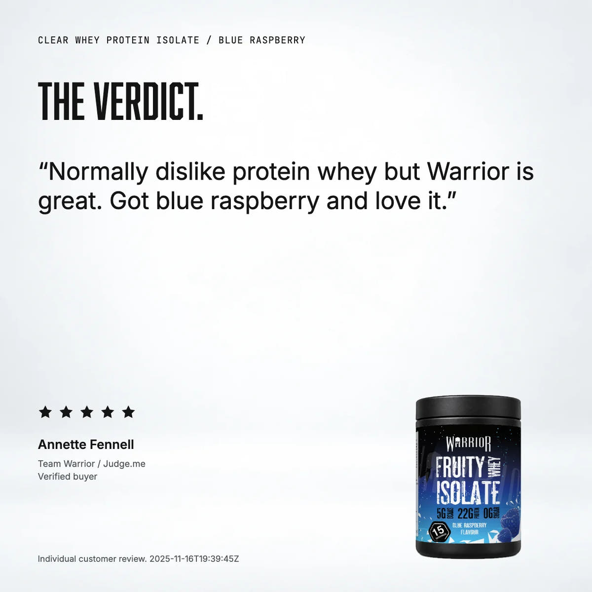 Warrior Clear Whey Protein Isolate – 22g Protein – 375g, Blue Raspberry: customer review