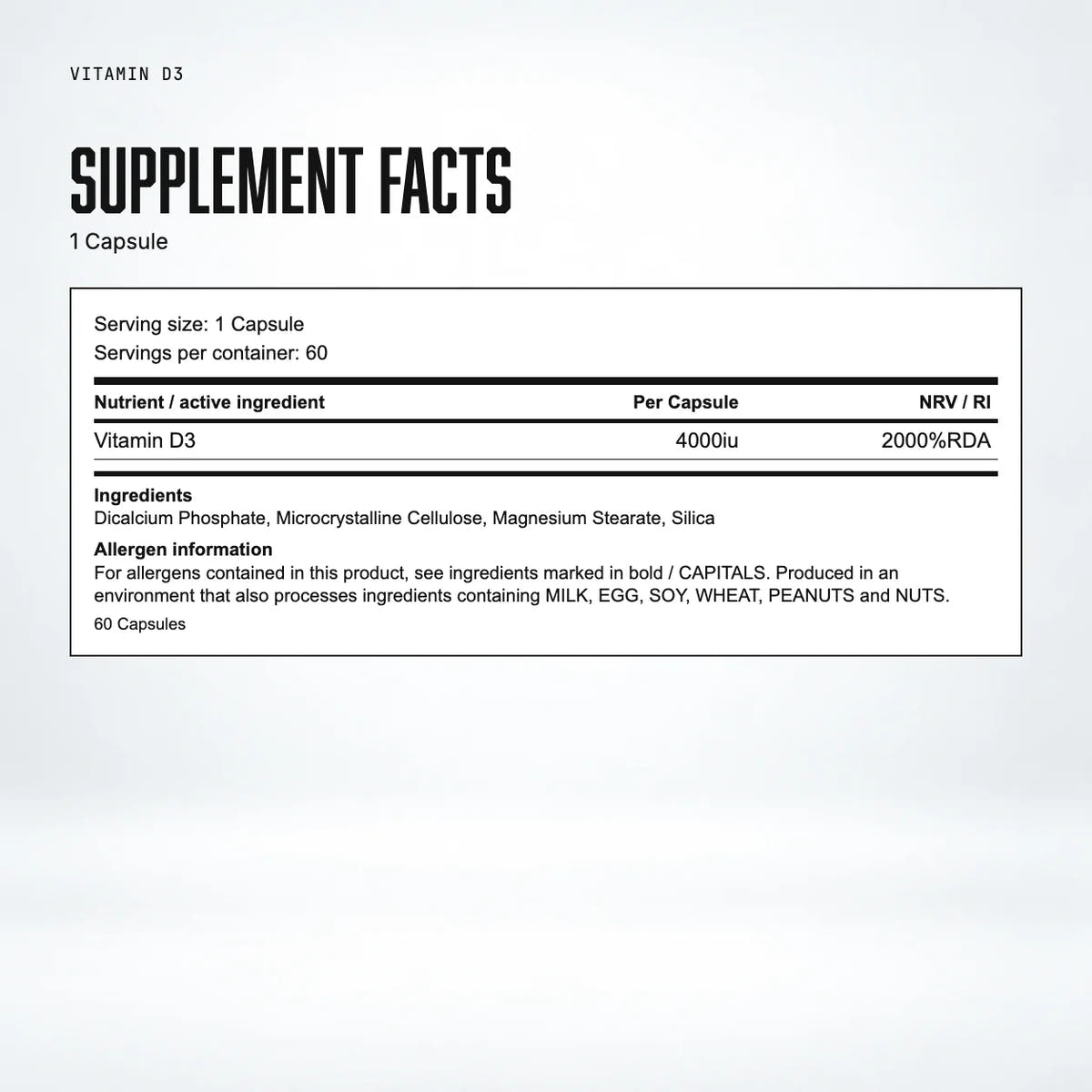 Warrior Vitamin D3 – 4000 IU (60 Capsules): supplement facts