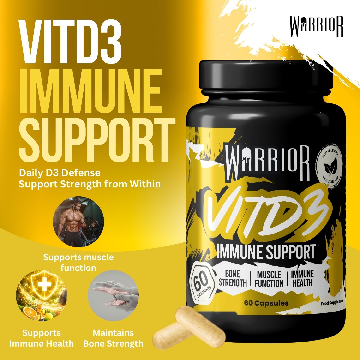 Warrior Vitamin D3 – 5000 IU (60 Tablets) | High Strength Immunity, Bone, Mood & Muscle Support