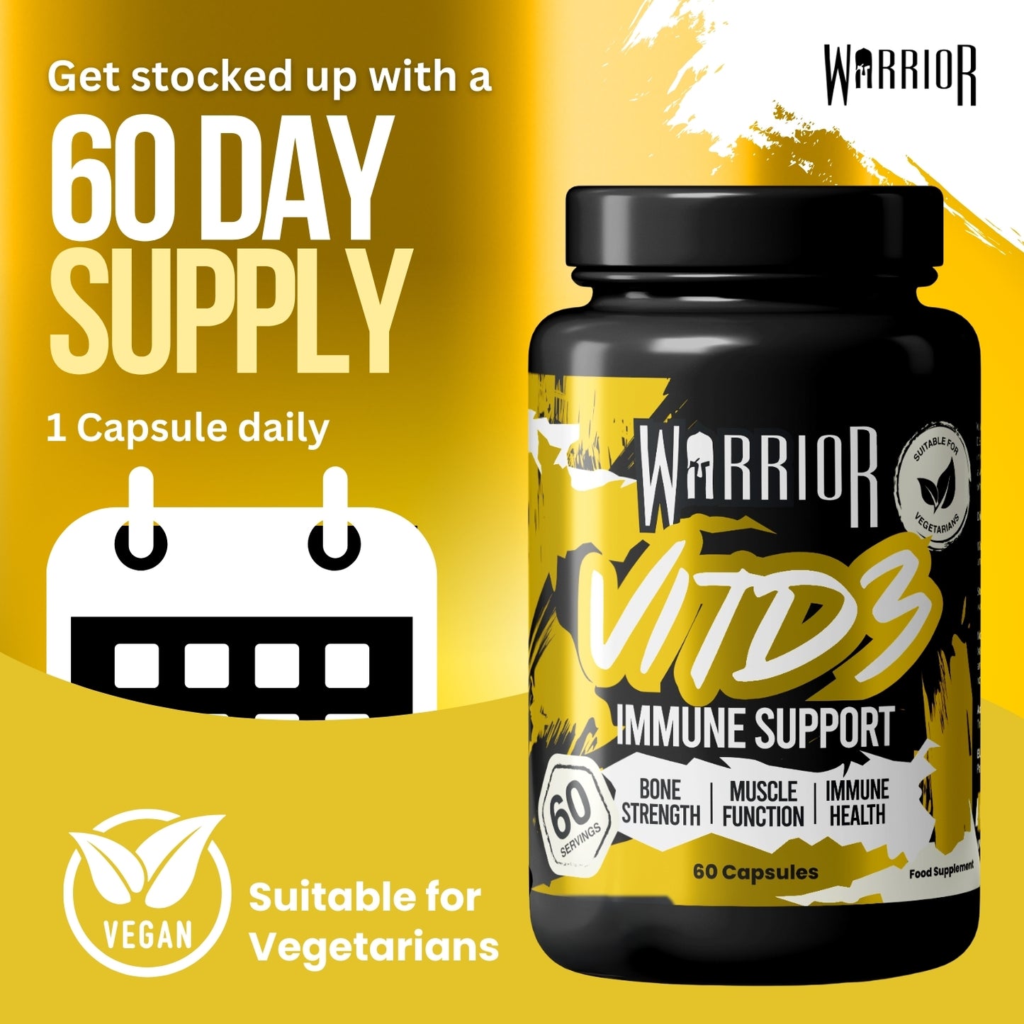 Warrior Vitamin D3 – 5000 IU (60 Tablets) | High Strength Immunity, Bone, Mood & Muscle Support