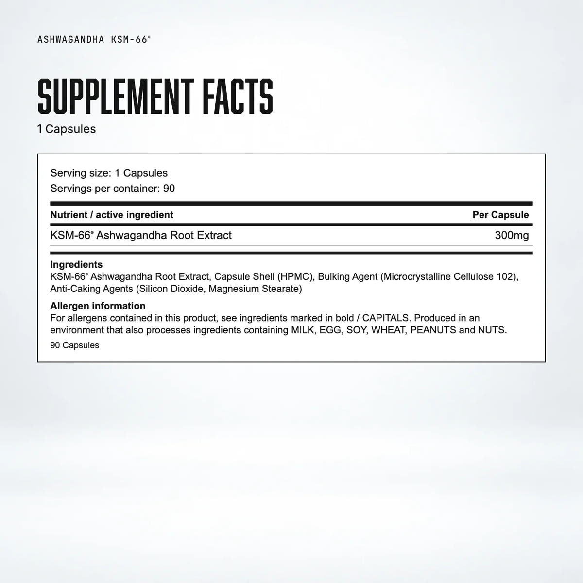 Warrior Ashwagandha KSM-66® 300mg – 90 Capsules: supplement facts