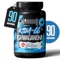 Warrior Ashwagandha bottle with a 90 servings hangtag and rounded badge on a white background