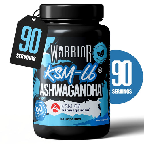 Warrior Ashwagandha bottle with a 90 servings hangtag and rounded badge on a white background