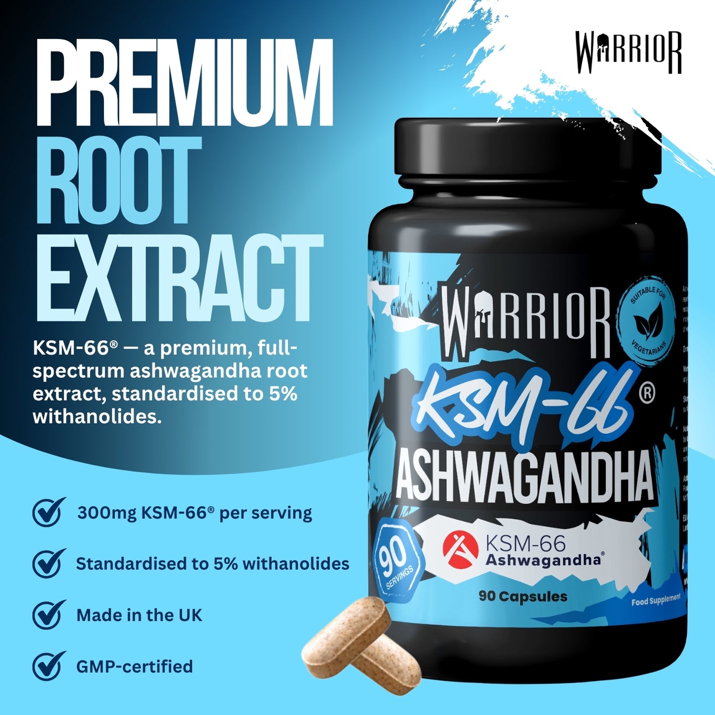 Warrior Ashwagandha KSM-66 premium root extract graphic listing 300mg KSM-66 per serving, standardised to 5% withanolides, made in the UK and GMP-certified