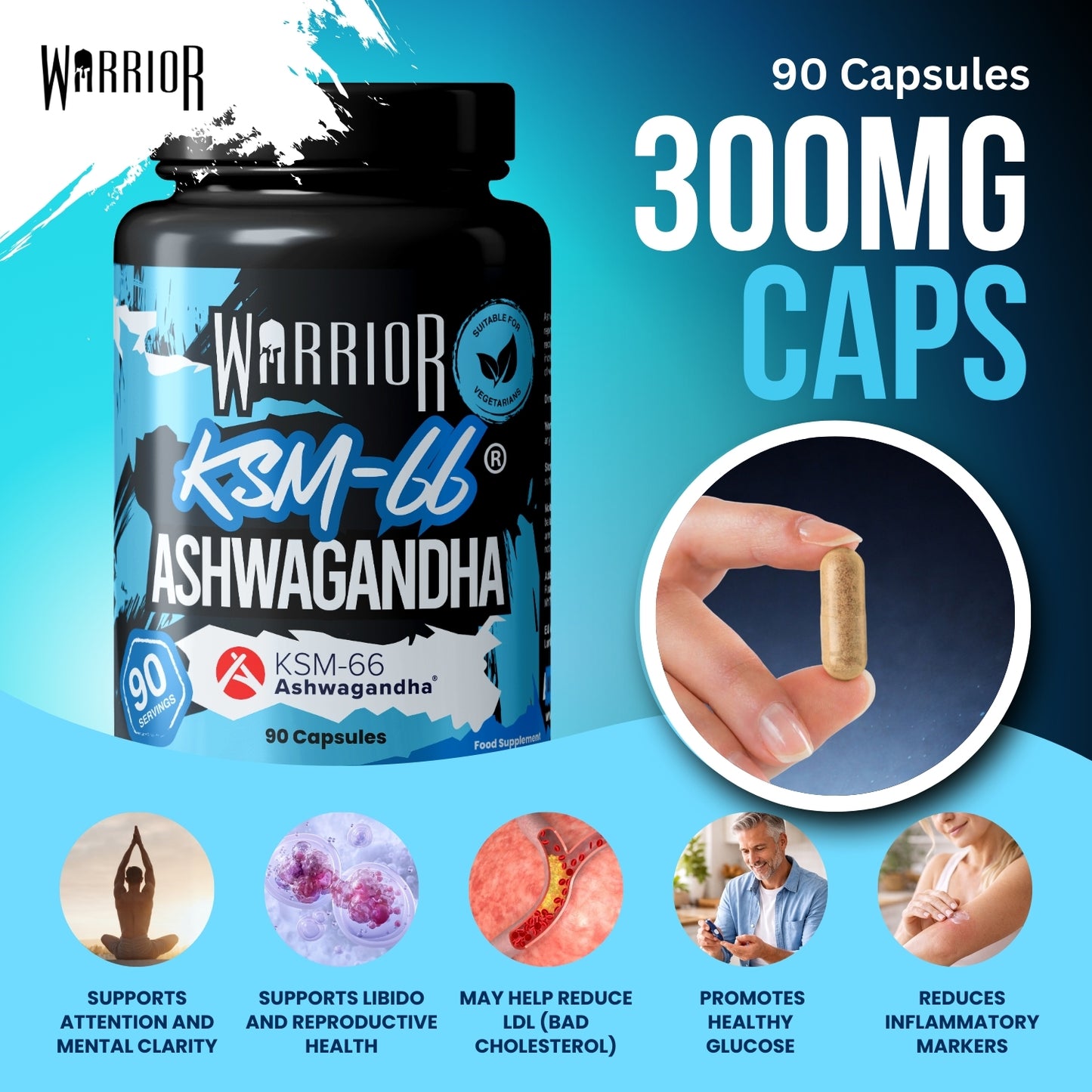 Warrior Ashwagandha 300mg – Stress Relief, Testosterone & Recovery Support | 90 Capsules (UK Made)