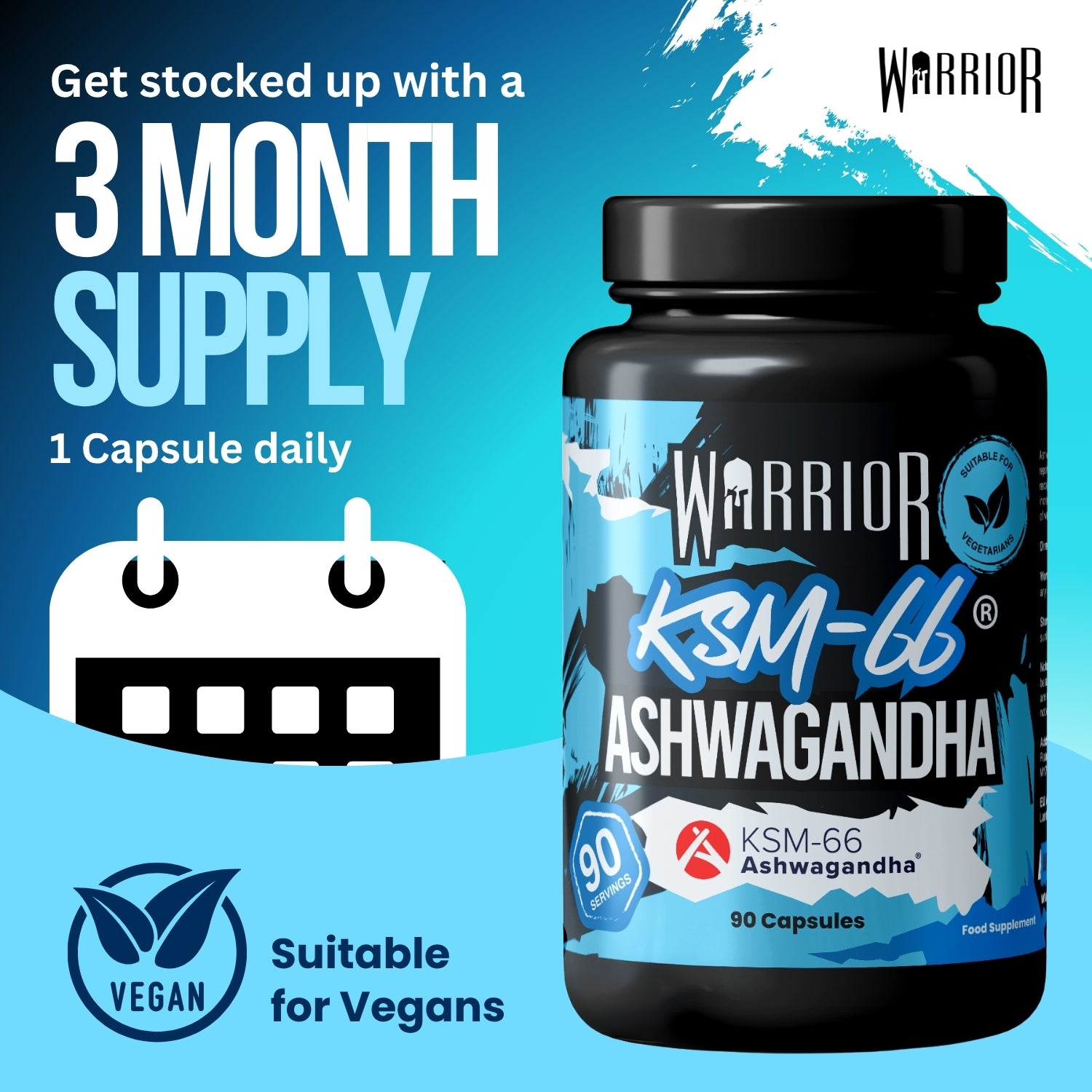 Warrior Ashwagandha 3-month supply graphic showing 1 capsule daily dosing with a suitable for vegans badge