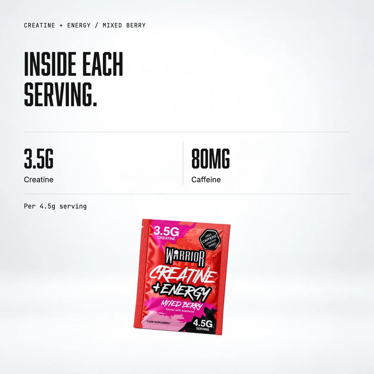 Warrior Creatine Plus Energy – 15 Sachet Pack (30 Servings), Mixed Berry: macro callout
