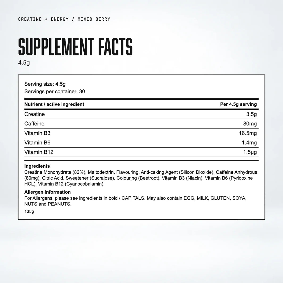 Warrior Creatine Plus Energy – 15 Sachet Pack (30 Servings), Mixed Berry: supplement facts