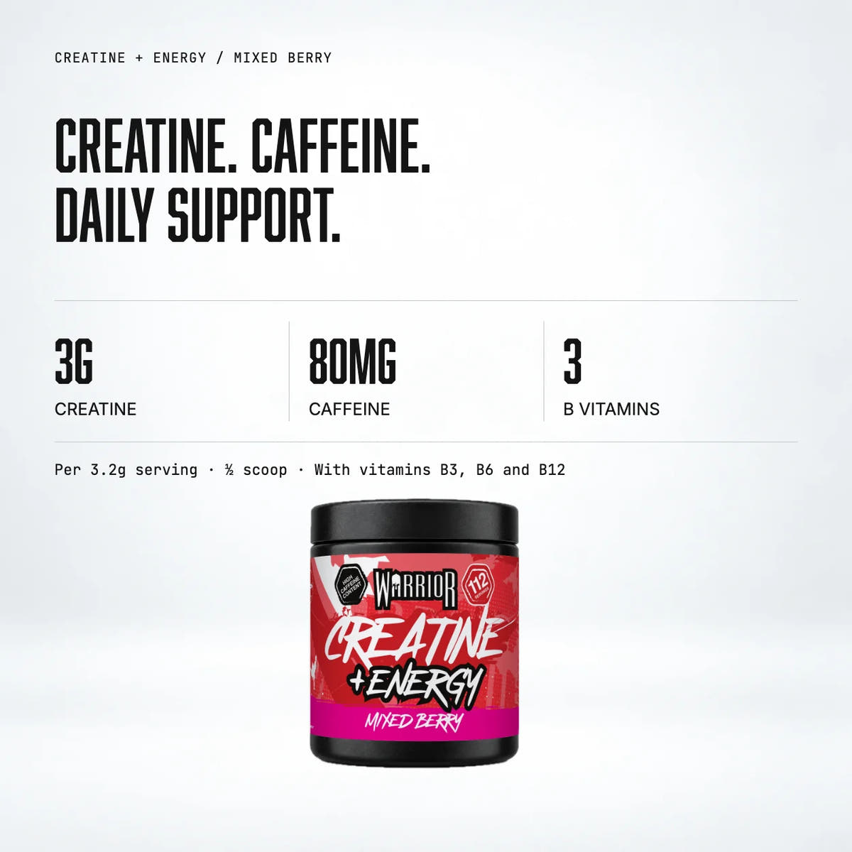 Warrior Creatine Plus Energy, Mixed Berry: macro callout