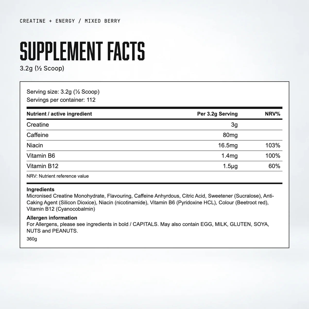 Warrior Creatine Plus Energy, Mixed Berry: supplement facts