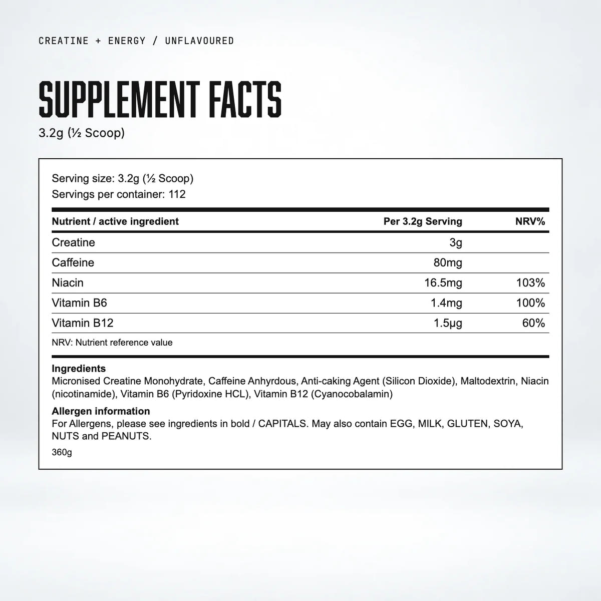 Warrior Creatine Plus Energy (Unflavoured), Unflavoured: supplement facts