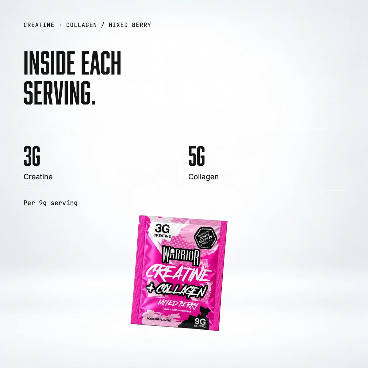 Warrior Creatine Plus Collagen – 15 Sachet Pack (30 Servings), Mixed Berry: macro callout
