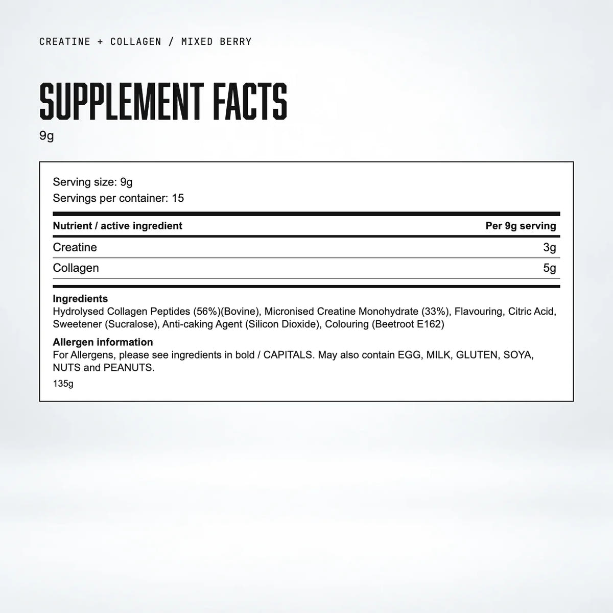 Warrior Creatine Plus Collagen – 15 Sachet Pack (30 Servings), Mixed Berry: supplement facts