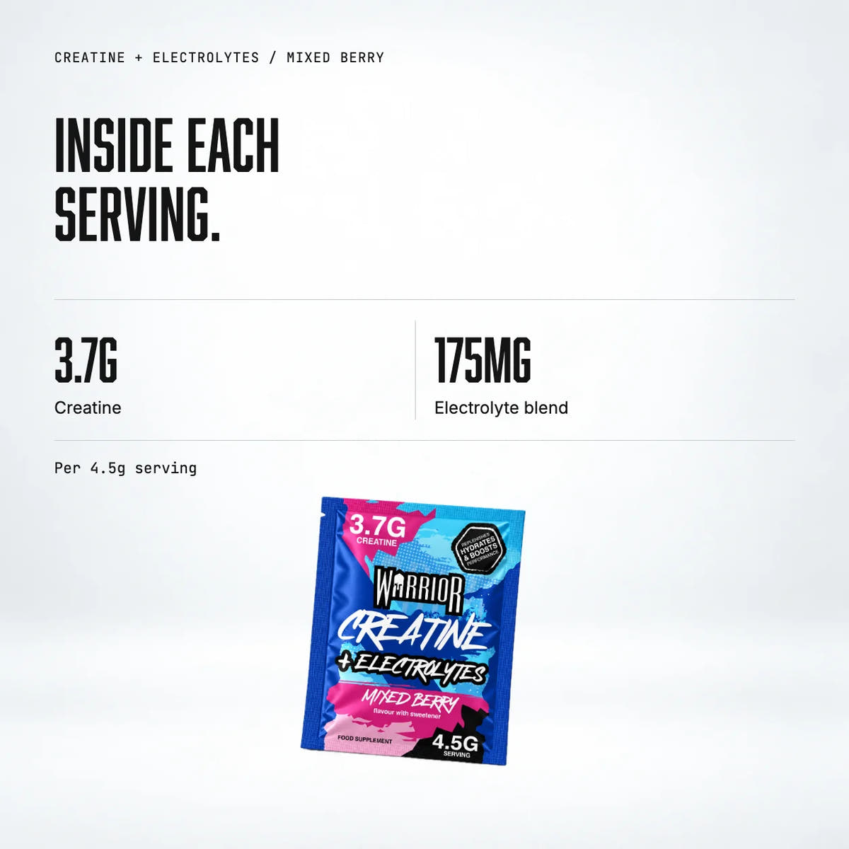 Warrior Creatine Plus Electrolytes – 15 Sachet Pack (30 Servings), Mixed Berry: macro callout