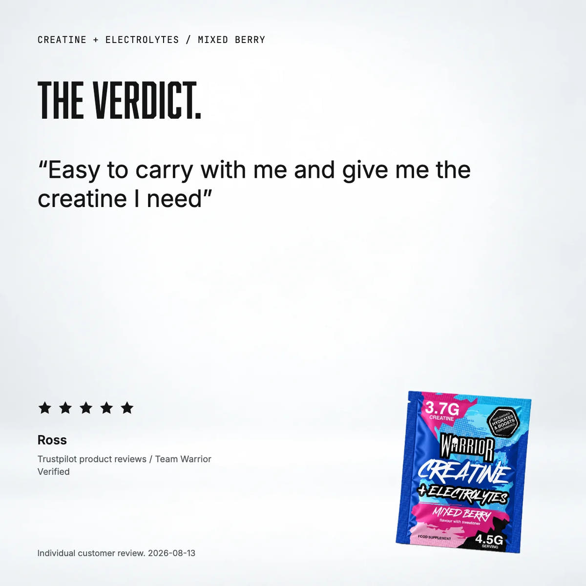 Warrior Creatine Plus Electrolytes – 15 Sachet Pack (30 Servings), Mixed Berry: customer review