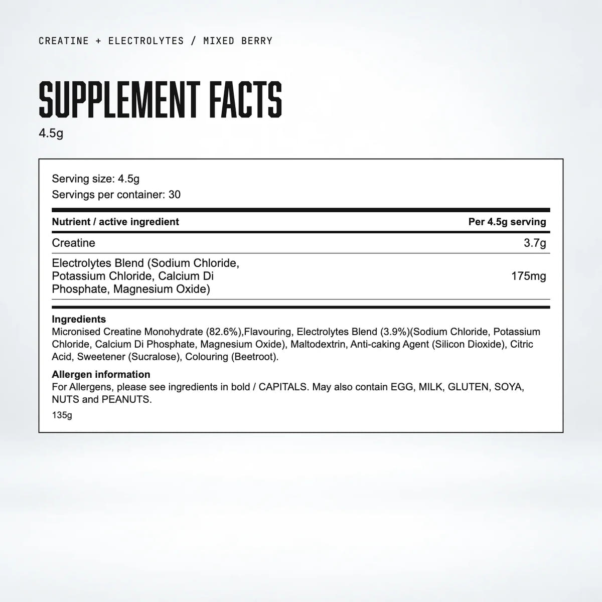 Warrior Creatine Plus Electrolytes – 15 Sachet Pack (30 Servings), Mixed Berry: supplement facts