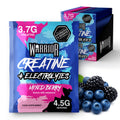 Warrior Creatine + Energy sachets in Mixed Berry flavour displayed with fresh berries. The packaging highlights 3.5g creatine and high caffeine content, showing 15-pack retail box design for performance and energy boost.