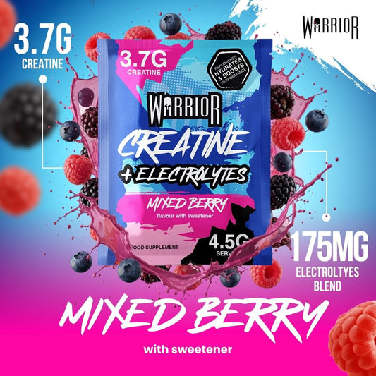 Close-up of Warrior Creatine + Electrolytes sachet surrounded by splashing mixed berries. Highlights 3.7g creatine and 175mg electrolytes blend for performance, hydration, and recovery.