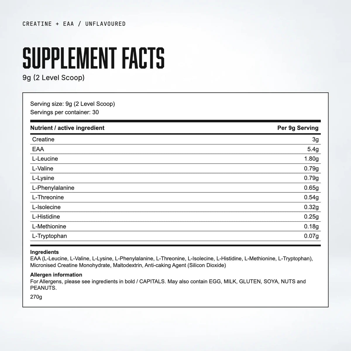 Warrior Creatine Plus EAA (Unflavoured), Unflavoured: supplement facts