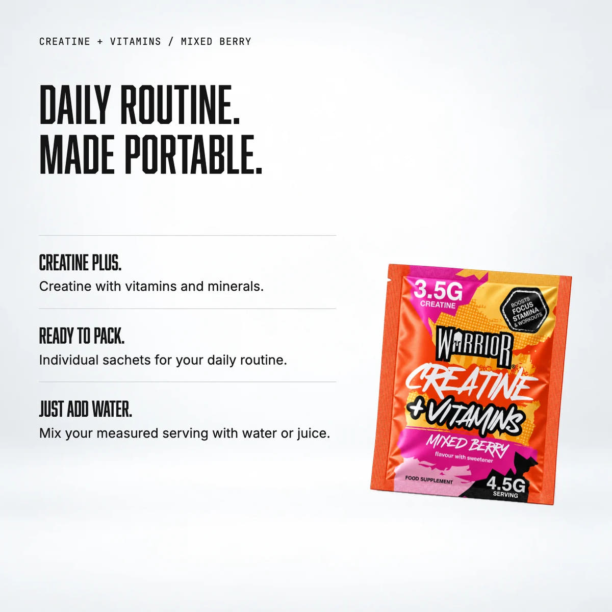 Warrior Creatine Plus Vitamins – 15 Sachet Pack (30 Servings), Mixed Berry: benefits