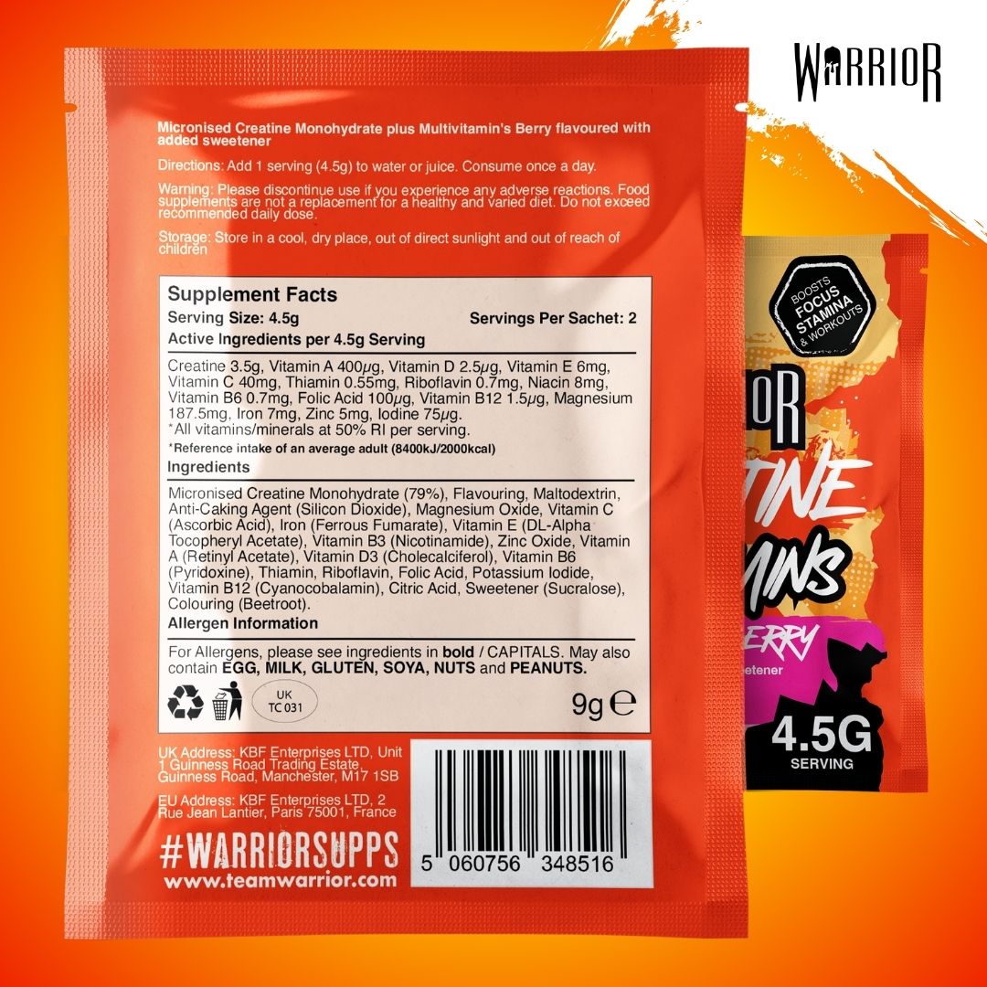 Warrior Creatine Plus Vitamins – 15 Sachet Pack (30 Servings)