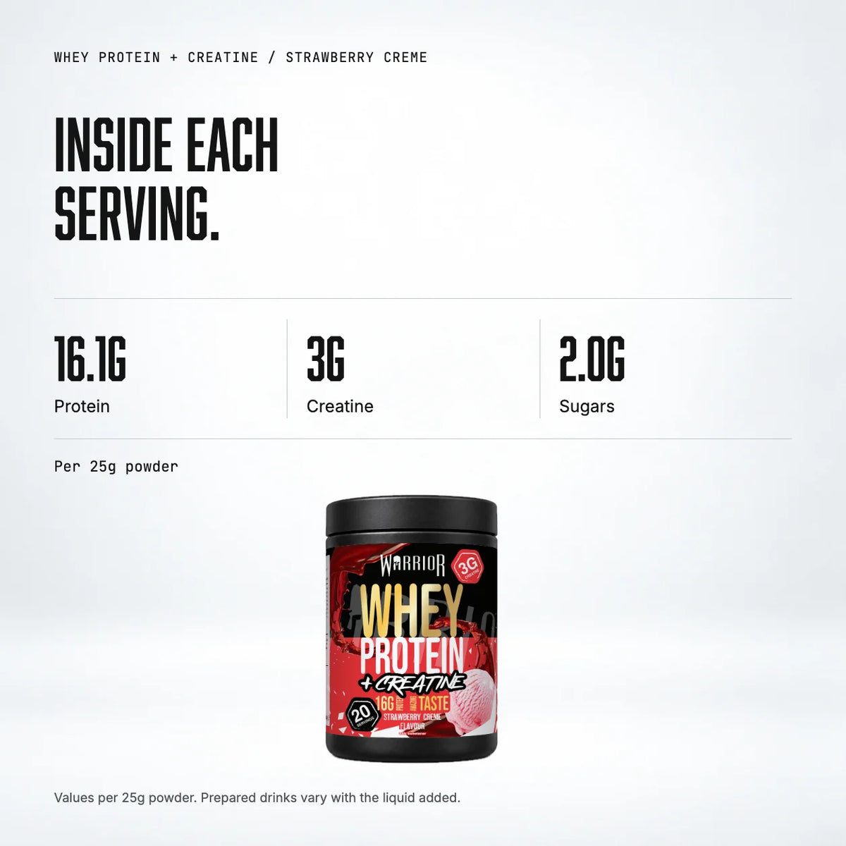 Warrior Whey Protein Plus Creatine, Strawberry Creme: macro callout