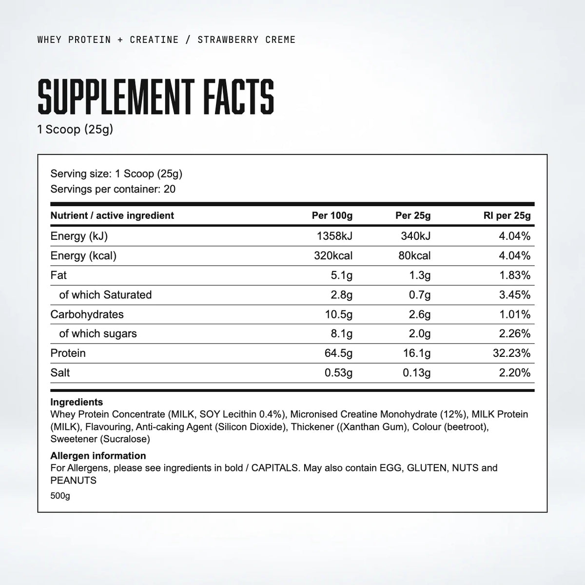 Warrior Whey Protein Plus Creatine, Strawberry Creme: supplement facts