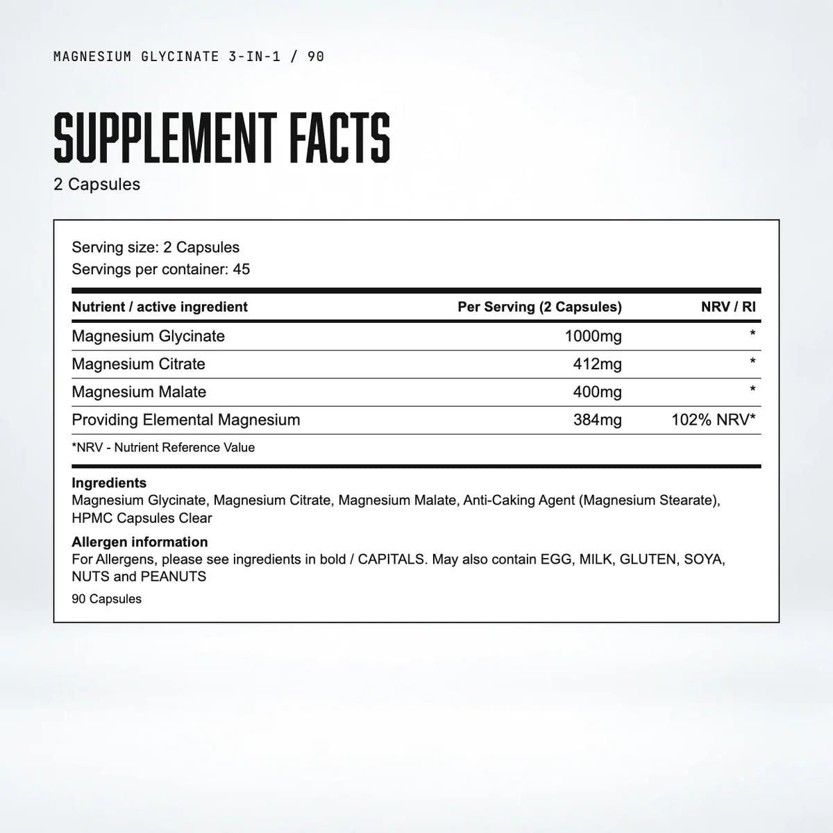 Warrior Magnesium Glycinate 3-in-1 Capsules, 90: supplement facts