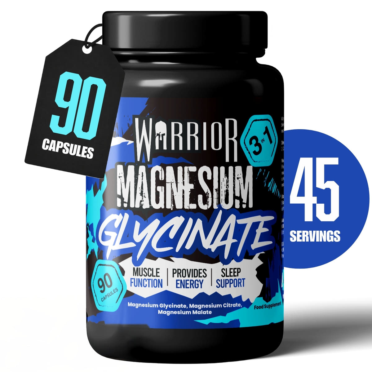 Warrior Magnesium Glycinate 3-in-1 tub, 90 capsules, 45 servings, muscle function and sleep support