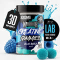 Warrior Creatine Gummies Blue Razz flavour jar, 3000mg creatine per serving, 90 gummies, 30 day supply tag and Lab Tested Verified badge, with blue raspberries and two gummies in foreground