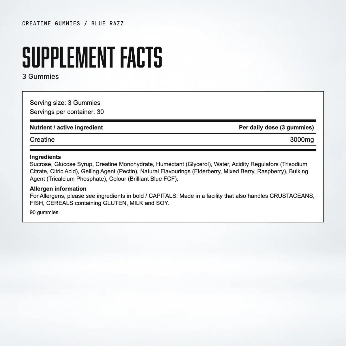 Warrior Creatine Monohydrate Gummies – 3000mg – 90 Gummies (Lab Tested), Blue Razz: supplement facts