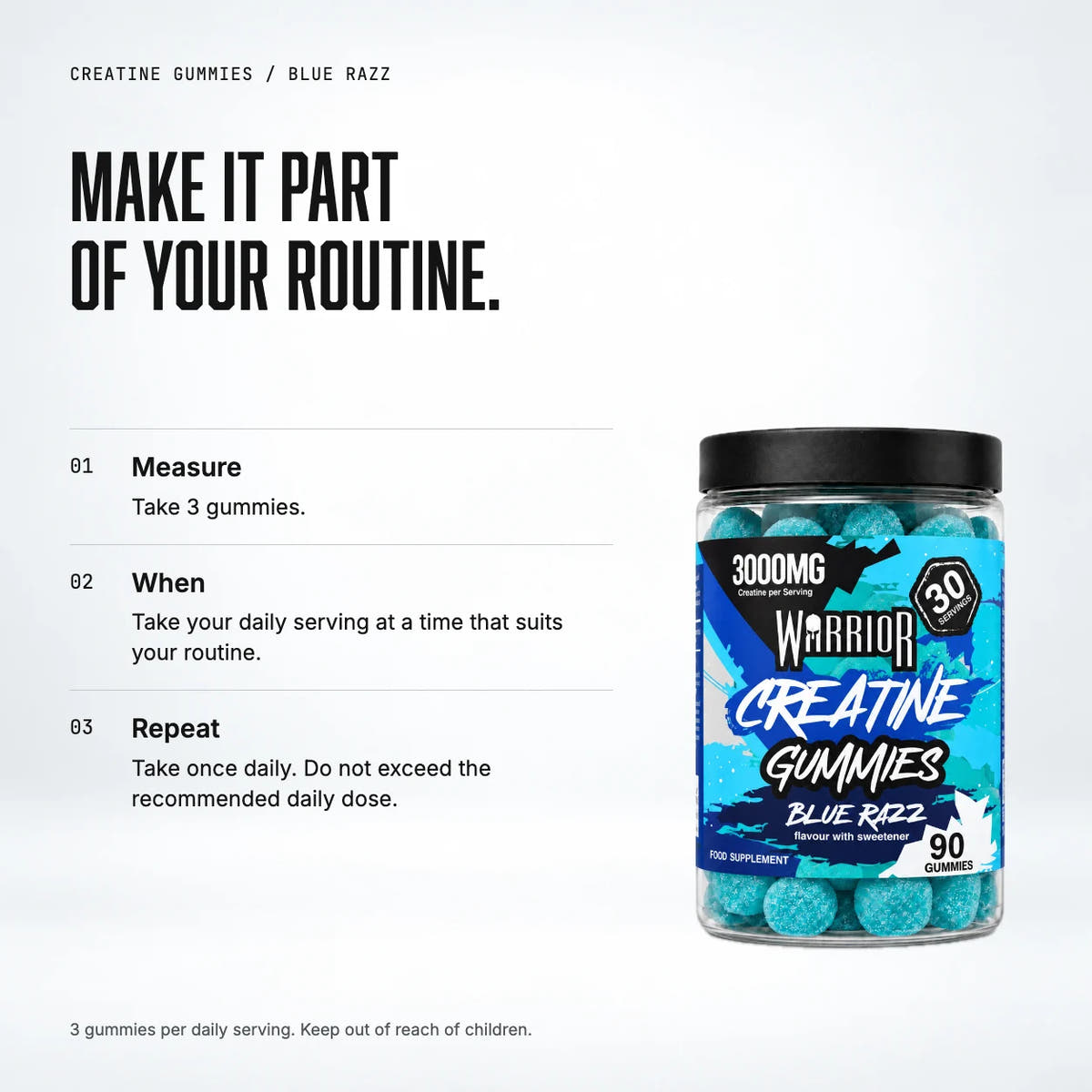 Warrior Creatine Monohydrate Gummies – 3000mg – 90 Gummies (Lab Tested), Blue Razz: when to take