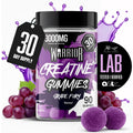 Warrior Creatine Gummies Grape Fury flavour jar, 3000mg creatine per serving, 90 gummies, 30 day supply tag and Lab Tested Verified badge, with grapes and two gummies in foreground