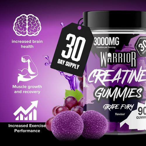 Warrior Creatine Gummies Grape Fury flavour jar, 3000mg creatine per serving, 90 gummies, 30-day supply, shown with grapes