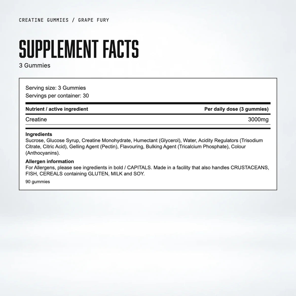 Warrior Creatine Monohydrate Gummies – 3000mg – 90 Gummies (Lab Tested), Grape Fury: supplement facts