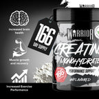 Graphic showing Warrior Creatine Monohydrate benefits: increased brain health, muscle growth and recovery, increased exercise performance, Unflavoured 500g jar with 166 day supply tag