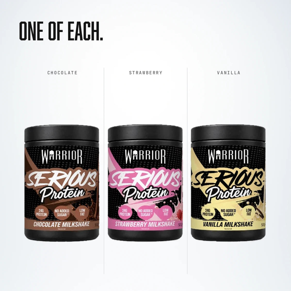 Warrior Serious Protein 3 Pack Mix: one tub each of Chocolate, Strawberry and Vanilla Milkshake, in three labelled columns