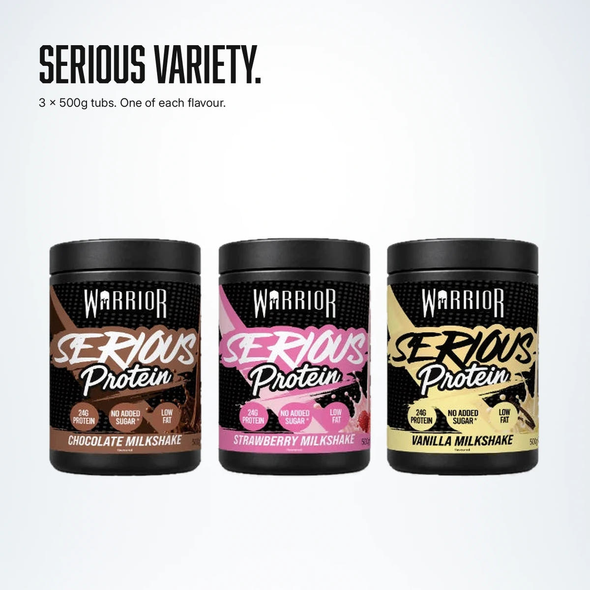 Warrior Serious Protein 500g 3 Pack, Mix: three 500g tubs, one each of Chocolate, Strawberry and Vanilla Milkshake