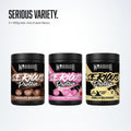 Warrior Serious Protein 500g 3 Pack, Mix: three 500g tubs, one each of Chocolate, Strawberry and Vanilla Milkshake
