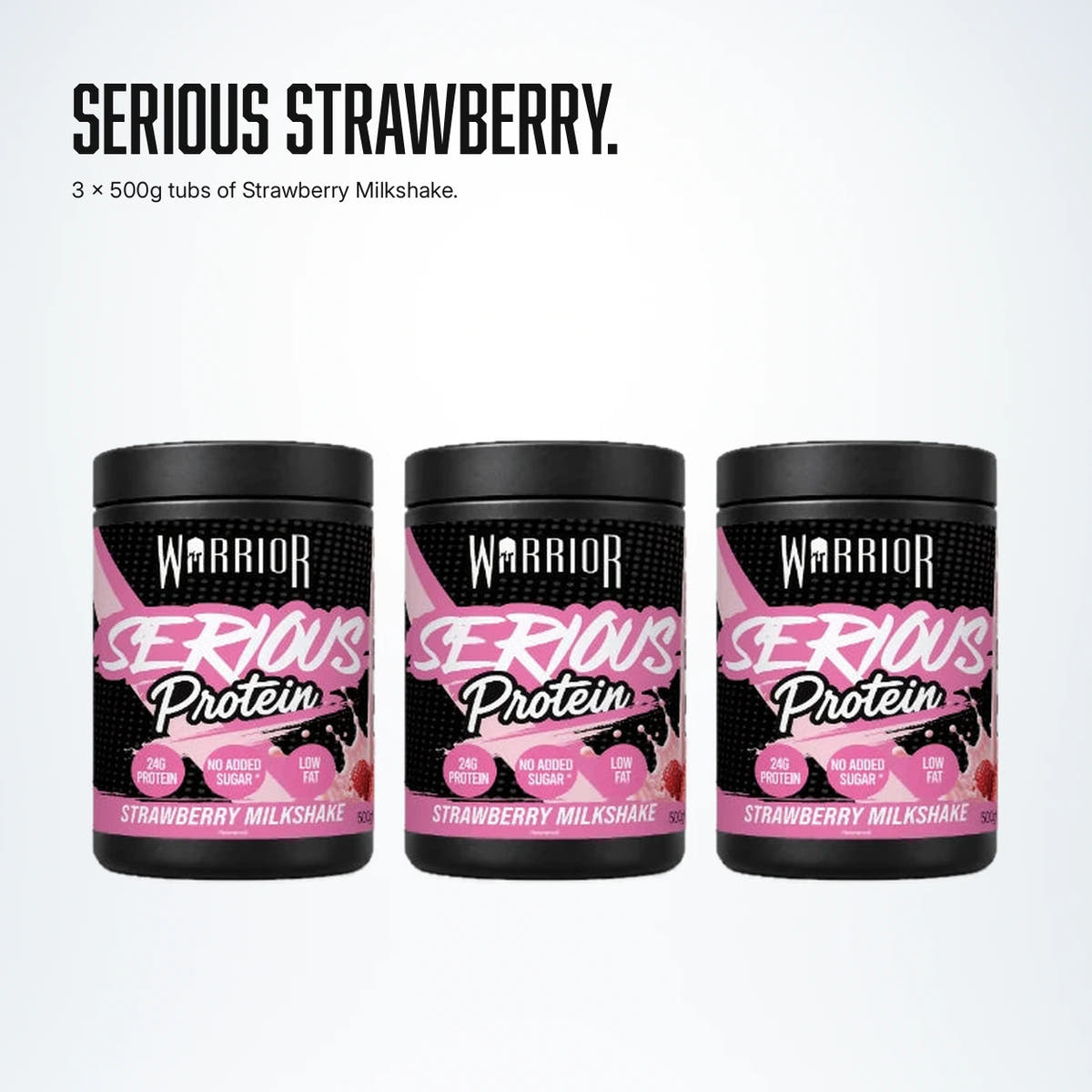 Warrior Serious Protein 500g 3 Pack: three 500g tubs of Strawberry Milkshake