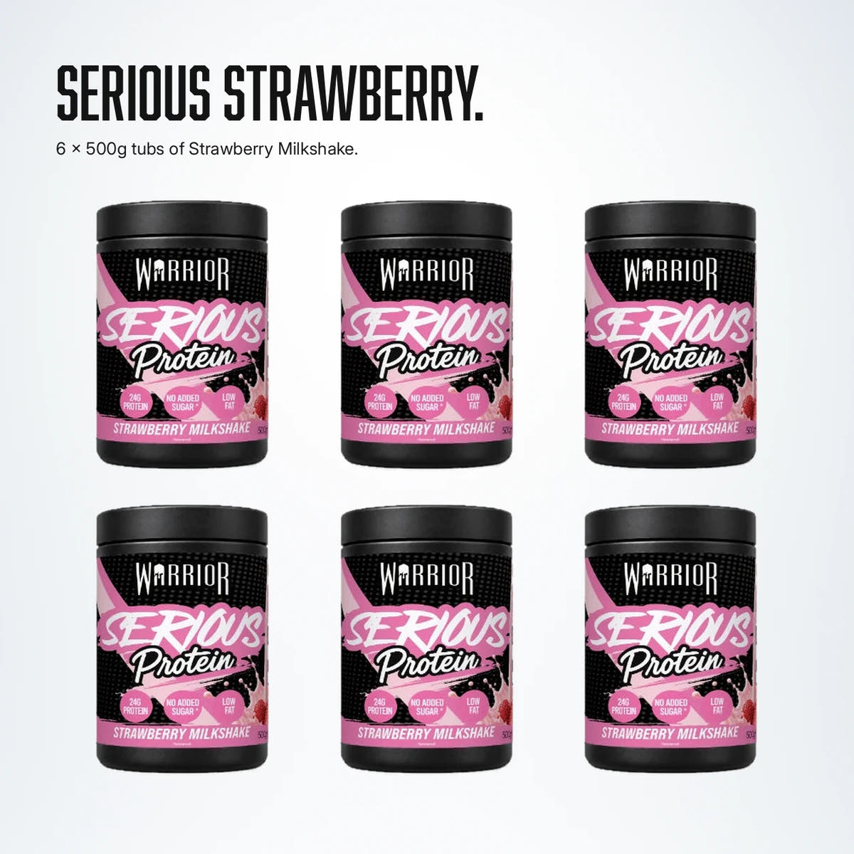 Warrior Serious Protein 500g 6 Pack: six 500g tubs of Strawberry Milkshake