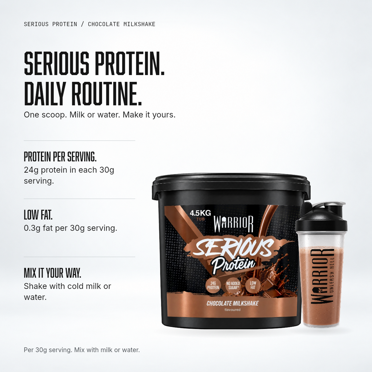 Warrior Serious Protein Chocolate Milkshake 4.5kg tub with a clear shaker: 24g protein per 30g serving, 0.3g fat, mix with cold milk or water
